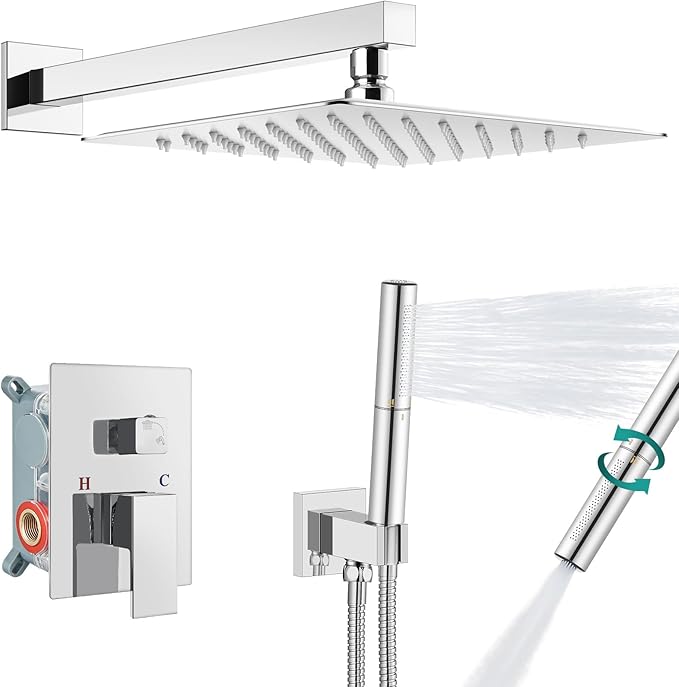 Aolemi Shower Faucet Set, High Pressure Shower System with 2-in-1 Handheld Sprayer, Wall Mount Fixture Combo with Rough-in Valve, 16 Inch Shower Head, Polish Chrome