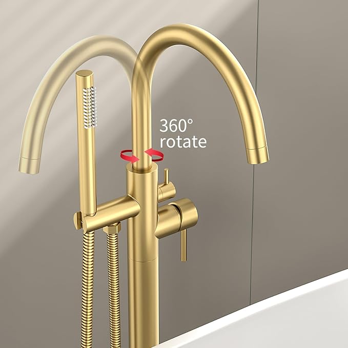 Freestanding Bathtub FaucetFloor Mount Bathtub Filler Shower Mixer Faucet with Handheld Shower Sprayer Swivel, Side Inlet，Gold