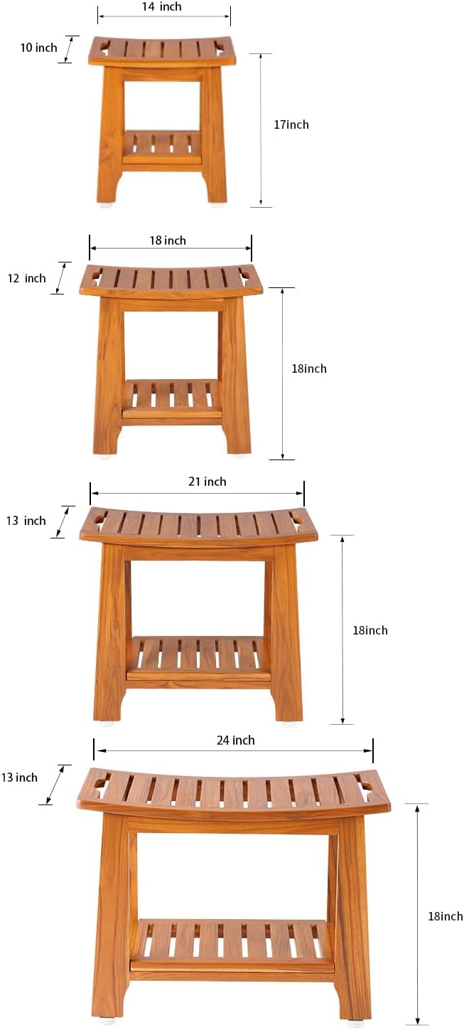 14" Compact Teak Shower Stool with Shelf & Handle - Waterproof, Non-Slip Bath Bench for Small Bathrooms/Outdoor Use, 300 lbs Capacity (Patented)
