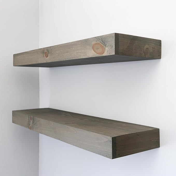Urbandi Modern Floating Shelves 3 Inches Thick for Wall, Wide Shelves for Kitchen, Living Room, Bedroom, and Bathroom, Natural Pine Wood, Rustic Wooden Shelf, (Set of 2) (Aged Barrel, 24Lx3Hx6D)