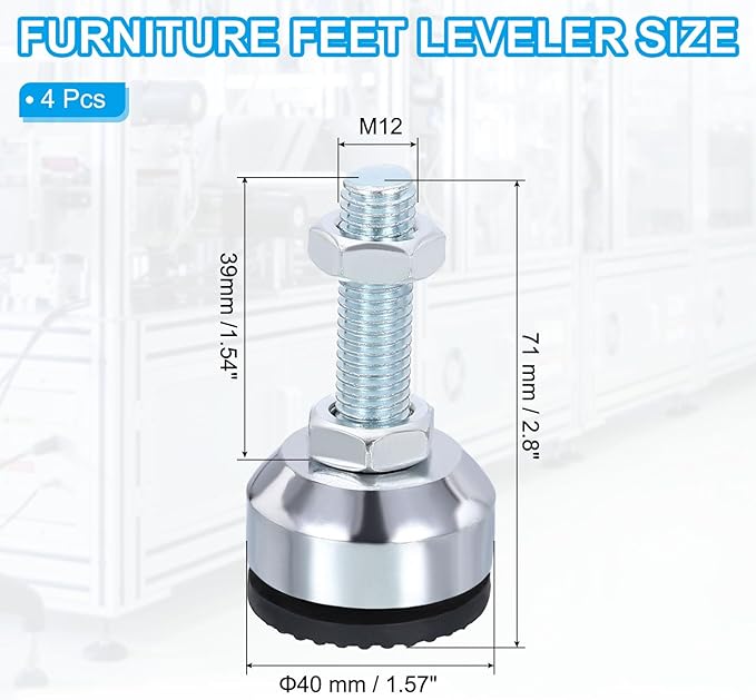 PATIKIL Furniture Leveling Feet 2.8" Dia Base M12 Thread, 4 Pcs Carbon Steel Adjustable Threaded Furniture Levelers Screw on Leg Leveler with Pads for Desk Chair Cabinet, Black