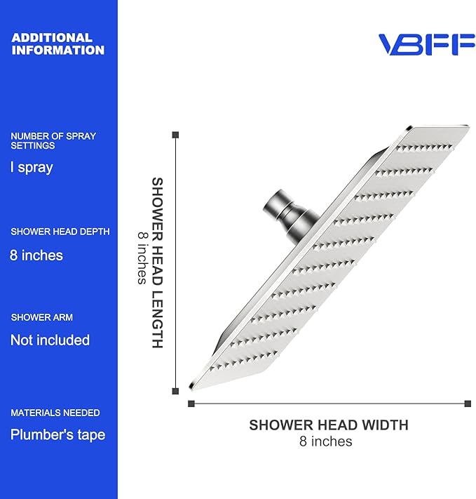 VBFF-Shower Head,rain shower head, 8 inch- Square Shower Head, 1.8 GPM Flow Rate, rainfall showerhead,VBFF07 (Brushed Nickel)