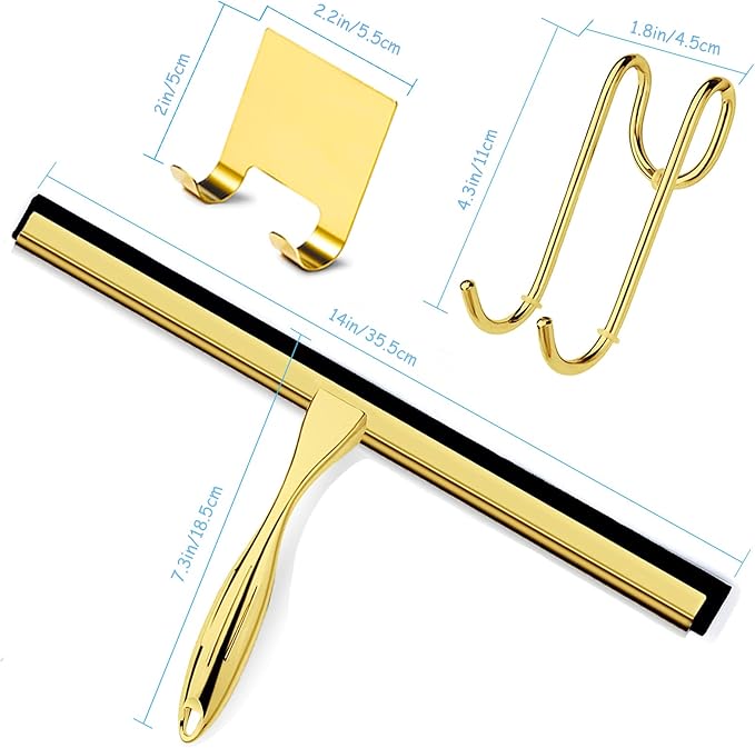 Shower Squeegee for Glass Doors, 14 Inches Bathroom Squeegee with Spare Silicone Blade, Shower Door Hook and Adhesive Hook, Stainless Steel Bathroom Squeegee for Mirror Window (14in-Gold-1 Pack)