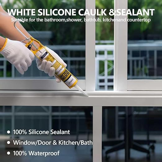White Advanced Silicone Caulk, 100% Waterproof Silicone Sealant Indoor Outdoor Caulking for Window, Door, RV, Roof, Auto & Marine, Kitchen, Bathroom, Glass,15.2 oz（12-Pack） No Odor