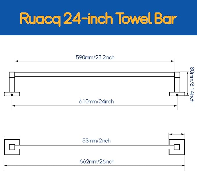 RUACQ Towel Bar 24 inch, Towel Racks for Bathroom, 304 Stainless Steel Towel Holder Wall Mounted, Heavy Duty Bathroom Decor Towel Rod (Matte Black)