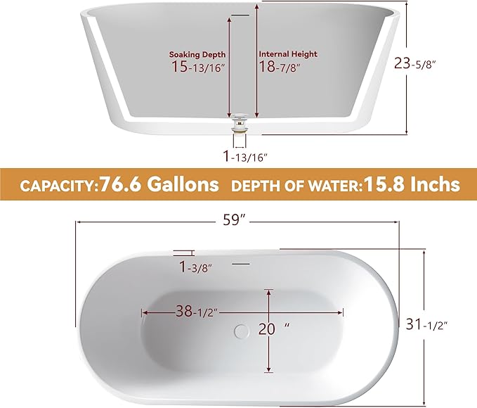 59" Free Standing Tub, Pure Acrylic Freestanding Bathtub, Stylish Stand Alone Contemporary Deep Soaking Bath Tub, cUPC Certified SY1550 (Glossy White)