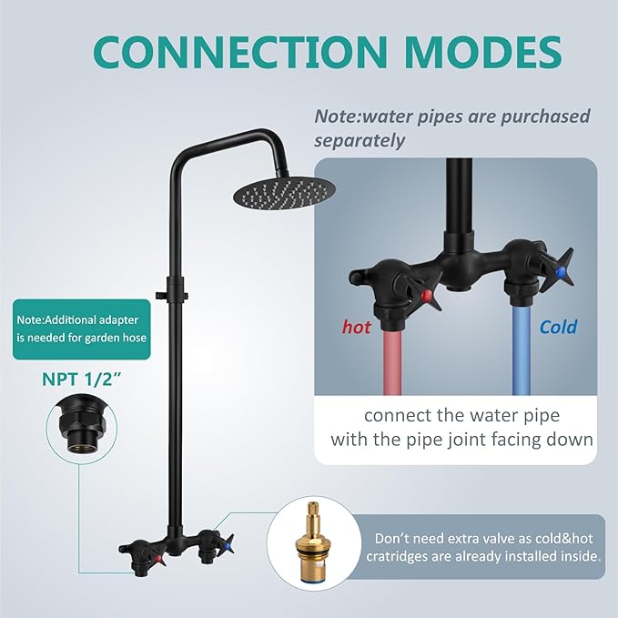 Aolemi Outdoor Shower Kit - Double Handle Exposed Shower with 8 Inch Rainfall Shower Head - Adjustable Height - Matte Black