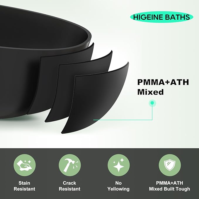 63" Premium Solid Surface Freestanding Bathtub, Contemporary Design Stand Alone Stone Resin Tub with Overflow and Pop-up Drain, Matte Black