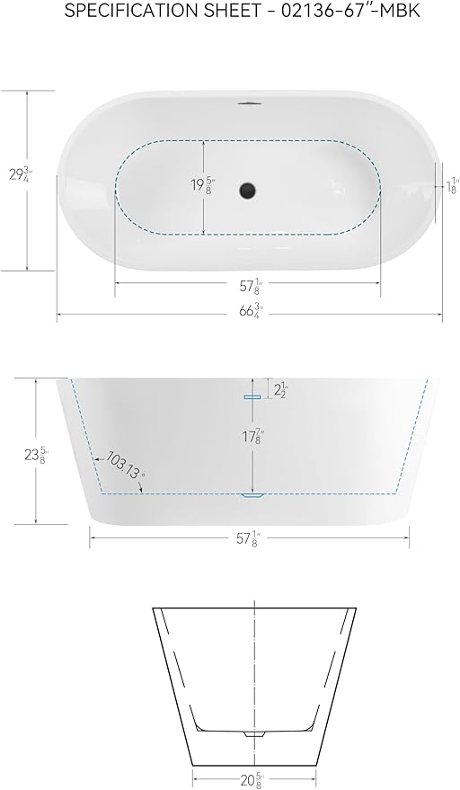 FerdY 67" Shangri-La Elite, Acrylic Freestanding Bathtub, Modern & Contemporary Design Soaking Tub with Matte Black Drain Pop-Up Drain and Minimalist Design Overflow, cUPC Certified