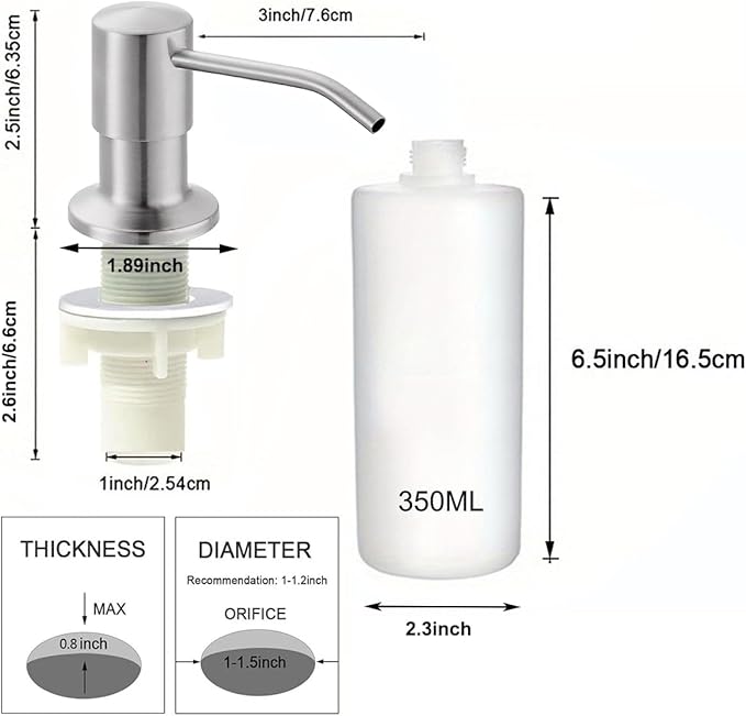 Soap Dispenser for Kitchen Sink,Stainless Steel Built in Soap Dispenser Countertop Pump Head,Dish Soap Hand Lotion Dispenser with Refillable 13.5OZ Bottle