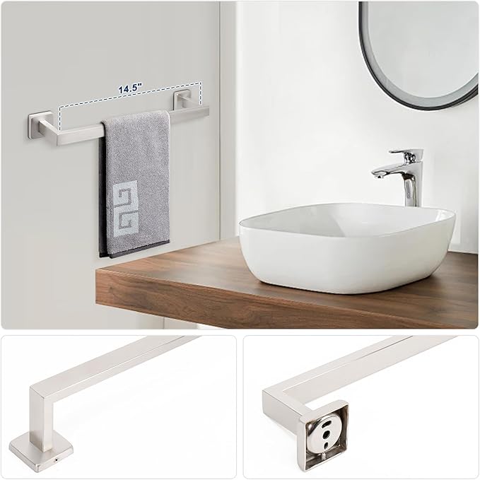 NearMoon 5 Pieces Bathroom Hardware Set 304 Stainless Steel - Square Towel Rack Set Include 16" Towel Rod + Towel Ring + Toilet Paper Holder + 2 Robe Towel Hooks Bathroom Accessories (Brushed Nickel)