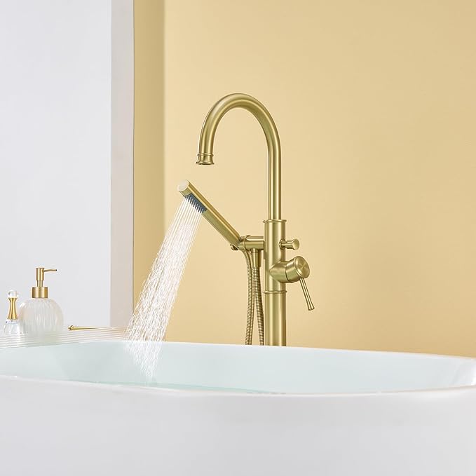 Free Standing Tub Faucet Brushed Gold Freestanding Bathtub Faucet Floor Mount Brass Bathroom Tub Filler with Hand Shower