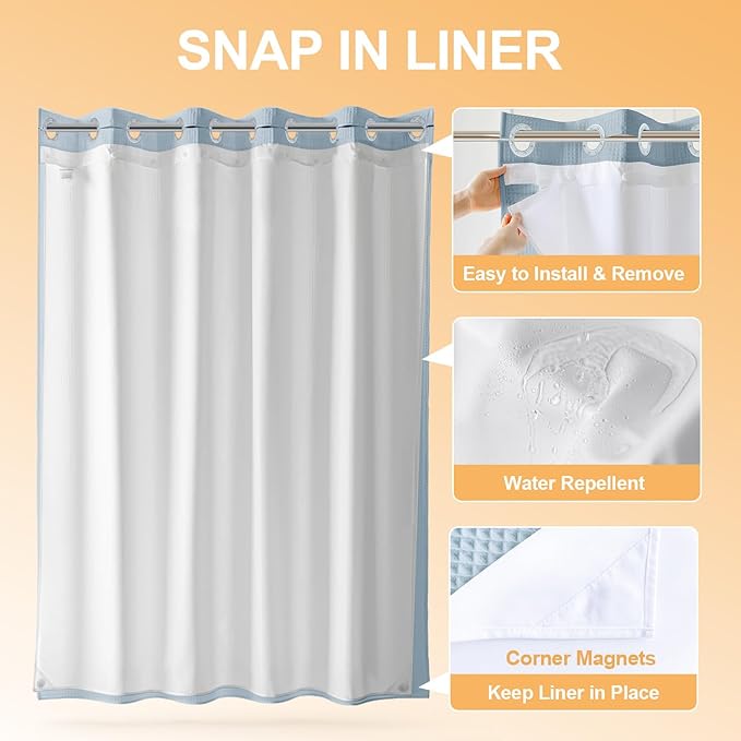 River Dream Cotton Blend Shower Curtain with Snap in Liner, Light Blue No Hook Shower Curtains for Bathroom, Hotel Grade, Water Repellent, 71" W x74 L