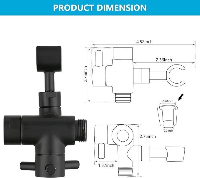 PDPBath Solid Brass 3 Way Shower Arm Diverter Valve with Handheld Holder for Dual Shower Heads with G1/2 Universal Connection - Matte Black