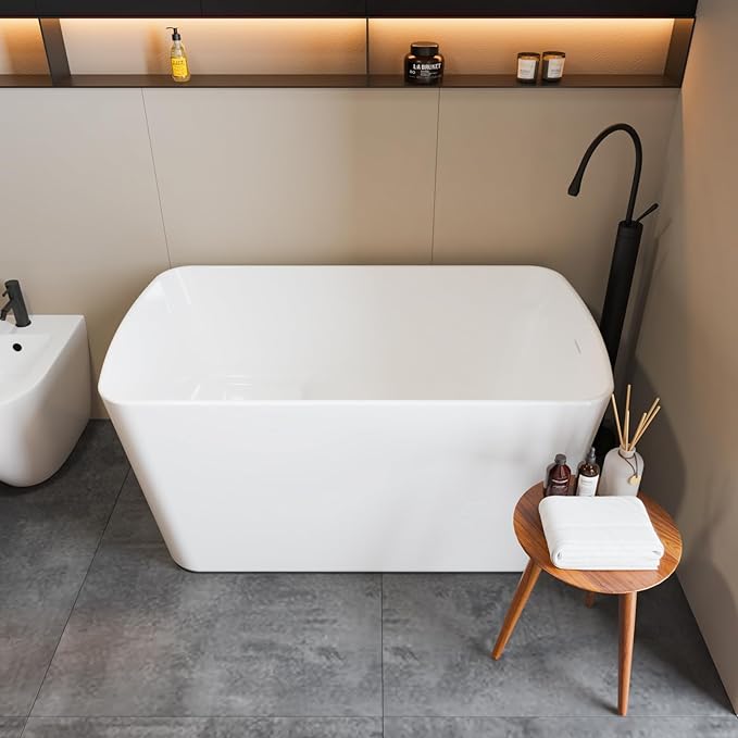 49" Acrylic Freestanding Bathtub, Modern Deep Soaking Tub, cUPC Certified Free Standing Tub, Chrome Drain/Overflow, White Acrylic, Square White
