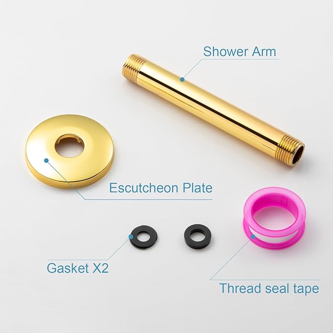 OFFO Shower Arm with Flange, Bright Gold 6 in Ceiling Mount Replacement Rain Shower Head Straight Arm Ceiling-Mounted For Fixed Shower Head & High Pressure Rain