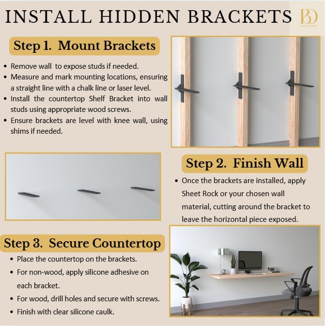 20 inch Floating Countertop Support Brackets by Balin Designs, Free Hanging Floating Shelf Brackets Heavy Duty, Invisible Wall Shower Bench T Support for Vanities, Granite Countertops, (2 Pack)