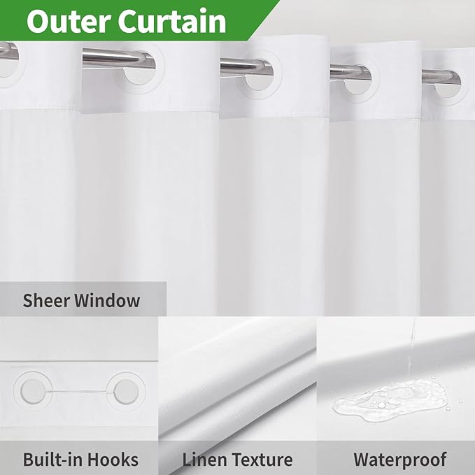 Stall No Hooks Needed White Shower Curtain with Snap-in Fabric Liner Set,Linen Textured Hotel Luxury Decor Farmhouse Shower Curtains for Bathroom,Waterproof & Washable,54Wx80H