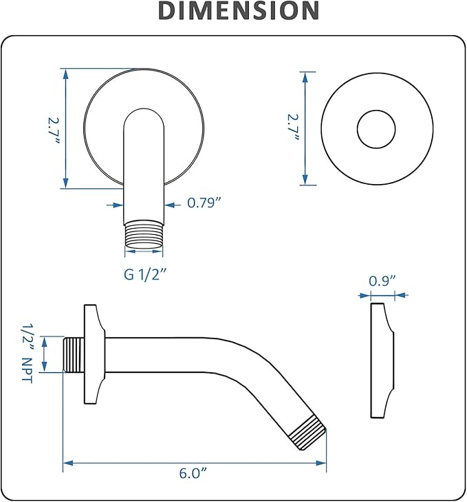BESTILL Wall Mounted 6 Inch Shower Head Arm, Shower Arm and Flange Included, Brushed Gold