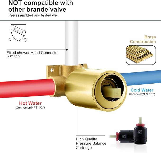 KENES Brushed Gold Shower Faucet, Modern Square 6-Inch Shower Head and Handle Set, Bathroom Rainfall Shower System Wall Mount, KE-6025B-4 (Including Shower Valve)