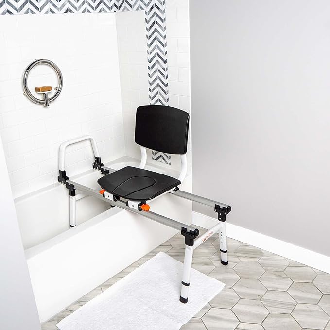ShowerGlyde SG1 - FSA HSA Eligible - Sliding Shower Chair - Tub Transfer Bench with Grab Bar, Back Support | Premium Mobility Aid for Secure Bathroom Transfers