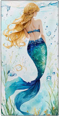 Blue-Green Scallop Mermaid Tail Beach Towel 36"x72" Golden Highlights Quick Dry Microfiber Swim Gear