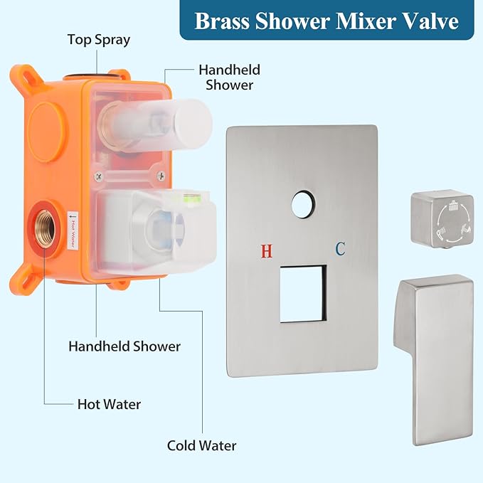 10 inch Square Shower Head and Handheld Set, Gasecoet Shower System with Tub Spout Wall Mounted Shower Faucet for Bathroom - Brushed Nickel (With Shower Valve)