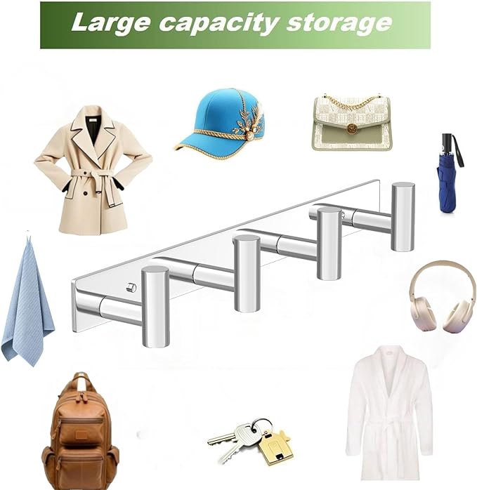 Wall Mounted Coat Rack-4 Hooks, Heavy Duty Stainless Steel Wall Hooks for Towel Coat Bag, Hat Rack Coat Hanger Coat Hooks Towel Racks for Bathroom Entryway Kitchen Hotel (Glossy, 1 Pack)