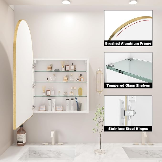 FKWin Gold Bathroom Medicine Cabinet for Left or Right Opening, Surface Mount Medicine Cabinet not Recessed, Modern Vanity Bathroom Mirror with Storage, Gold, 24x36 inch