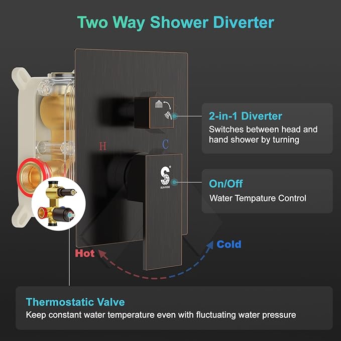 SR SUN RISE 12 Inch Oil Rubbed Bronze Shower Faucet Set, Wall-Mount Adjustable 16-Inch Slide Bar with Square Hand Shower System Included Valve and Trim Kit