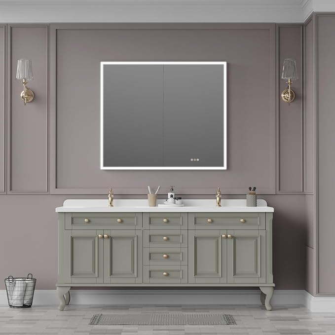 Recessed Medicine Cabinets for Bathroom with Mirror, Only Recessed Medicine Cabinet with Defogger, Dimmer, Outlets & USB, Three Doors, 42"x 36"