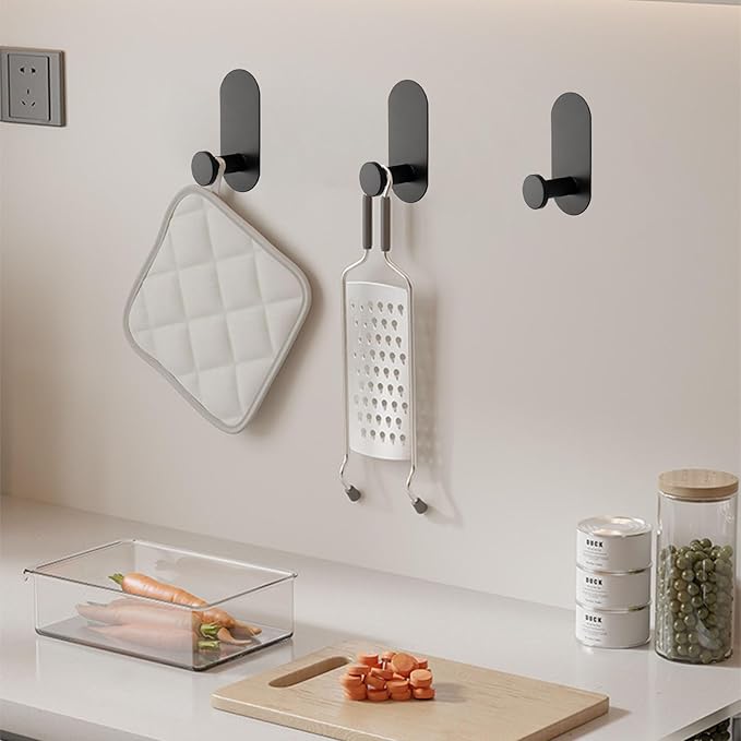 TocTen Adhesive Hook - 3 Pack Heavy Duty Sticky Towel/Robe Hook, Waterproof Stainless Steel Shower Hook, No Drill Stick on Wall Coat/Clothes Hooks for Bathroom, Kitchen, and Offices(Matte Black)