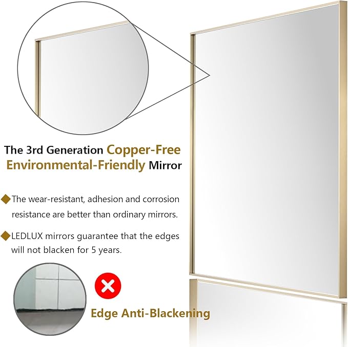 20x40 Inch Gold Bathroom Mirror - Copper-Free Mirror, Aluminum Alloy Frame Vanity Rectangle Wall Mounted Modern Mirror for Bedroom/Living Room/Porch Horizontal or Vertical