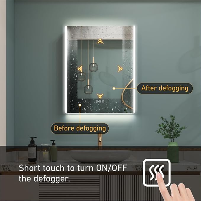 WELLFOR 24" x 30" LED Mirrored Bathroom Cabinet, Mirror Medicine Cabinet with Lights, Defogging LED Mirror Cabinet with Outlets & USB Ports, Surface Mounted, Left Opening Door, Hardwired Connected