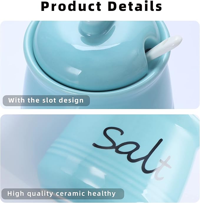ONTUBE Ceramic Salt Bowl with Lid and Spoon 12oz (Turquoise)