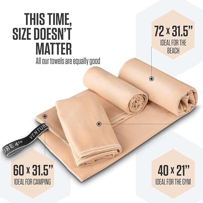 VENTURE 4TH Quick Dry Towel. Microfiber Travel Towel Ideal for Camping, Hiking, Backpacking, Gym. Lightweight & Fast Drying Travel Towels for Body. Compact & Easy to Pack - Beige Extra Large