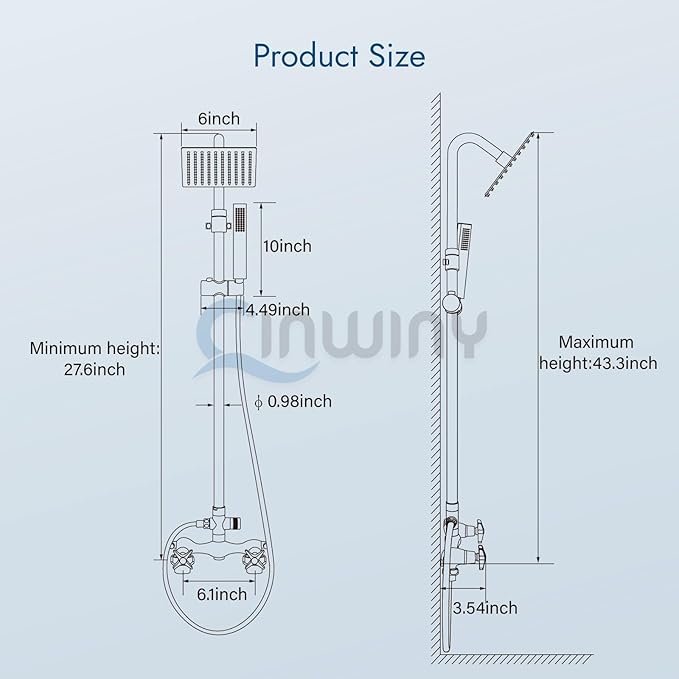 Wall Mounted Outdoor Shower System Matte Black 6" Square Rainfall Shower head with Hand Held Spray Double Cross Handles with Adjustable Slide Bar Two Function Exposed Shower Kit
