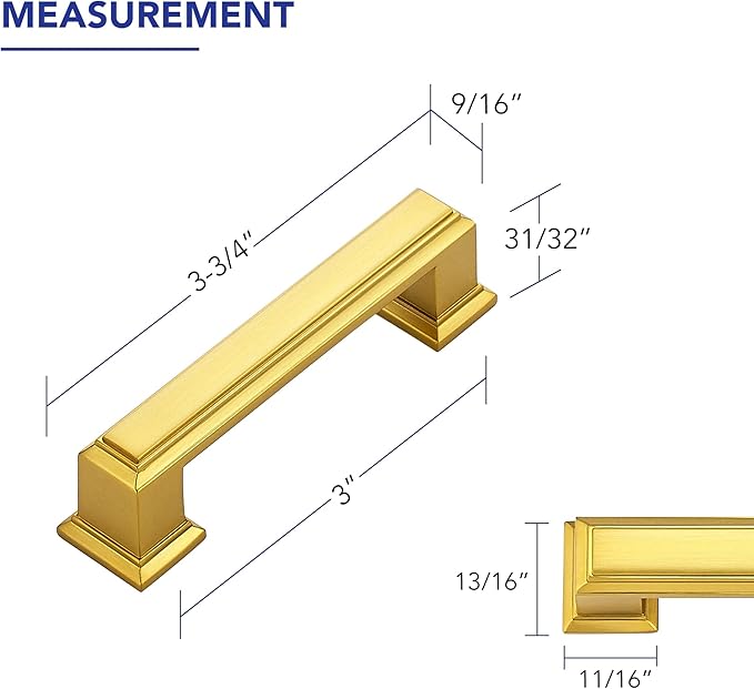 Ravinte Hardware 5 Pack Brushed Brass Cabinet Pulls, 3 Inch (76mm) Hole Center Zinc Alloy Drawer Handles for Kitchen Cabinets, Cupboards, Dressers, Square Solid Metal Hardware
