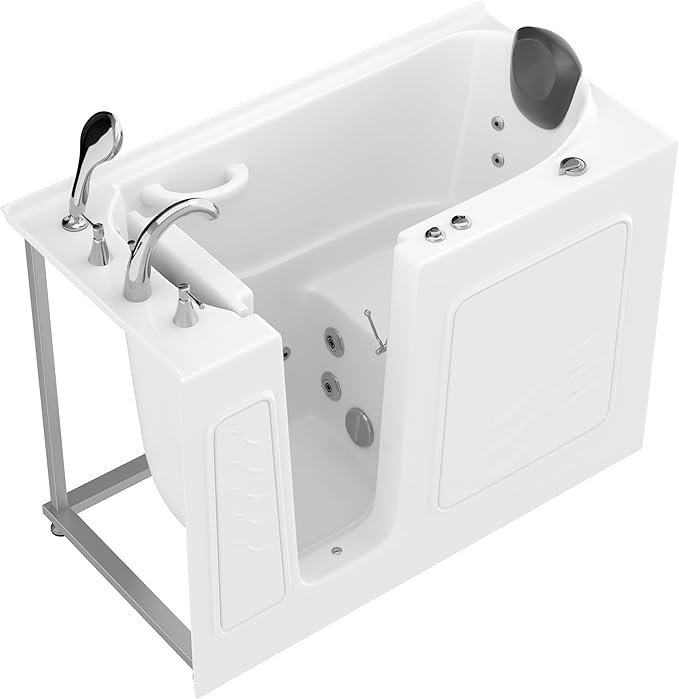 ANZZI Whirlpool Walk-In Bathtub 26" x 53" White Acrylic Left Drain 15 Jets Inline Heater Fast Drain ADA Compliant Slip-Resistant Base Quick Fill Faucet Ergonomic Pillow Chrome Trim | AMZ2653LWH-CP