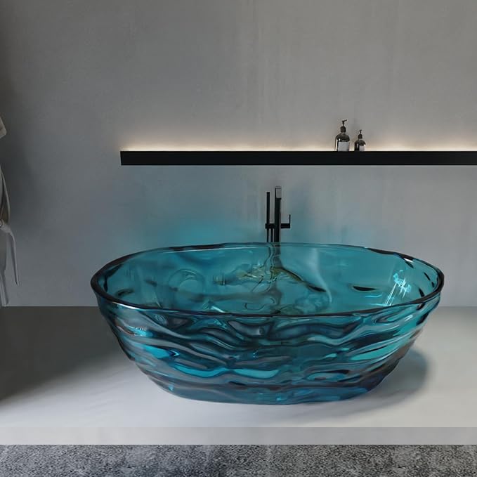 Cpingao 66" Resin Transparent Freestanding Bathtub, Contemporary Oval Stand Alone Tubs, Translucent Resin Freestanding Bath 1670 MM with Drain Lake Blue 8851-1700-BLUE