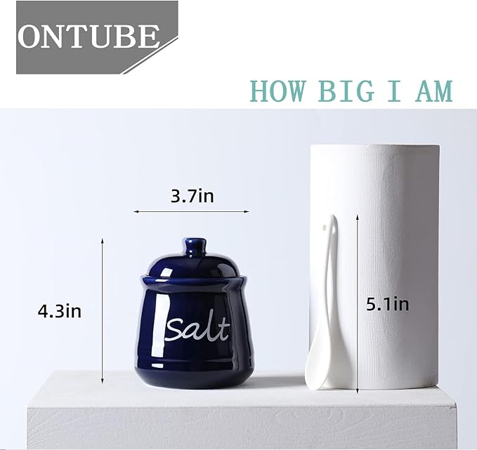 ONTUBE Ceramic Salt Bowl with Lid and Spoon 12oz White (Navy)