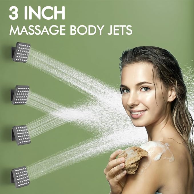 Shower System with Body Jets,Bostingner 3 Way Shower Faucet Set 12" Rain Shower Head with Handheld Spray, Can Use at Same Time,Push Button Diverter Shower Head Set Complete, Matte Black