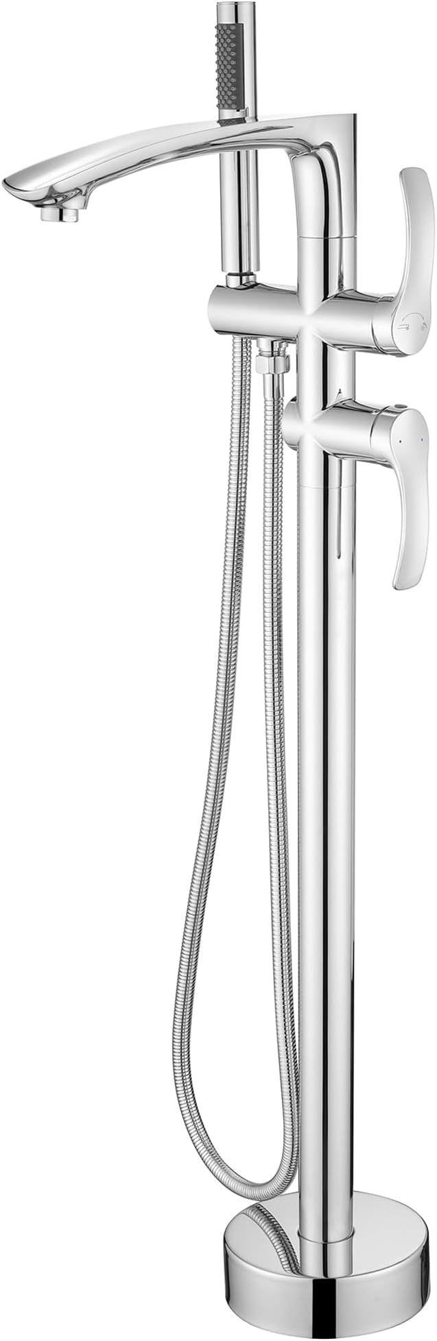 Free Standing Bathtub Faucets, Shiny Chrome Stainless Steel Floor Mount Tub Filler with 360 Rotating Spout and Hand Shower, High Flow Silver Faucet for Bath Tub JXM-F001CP