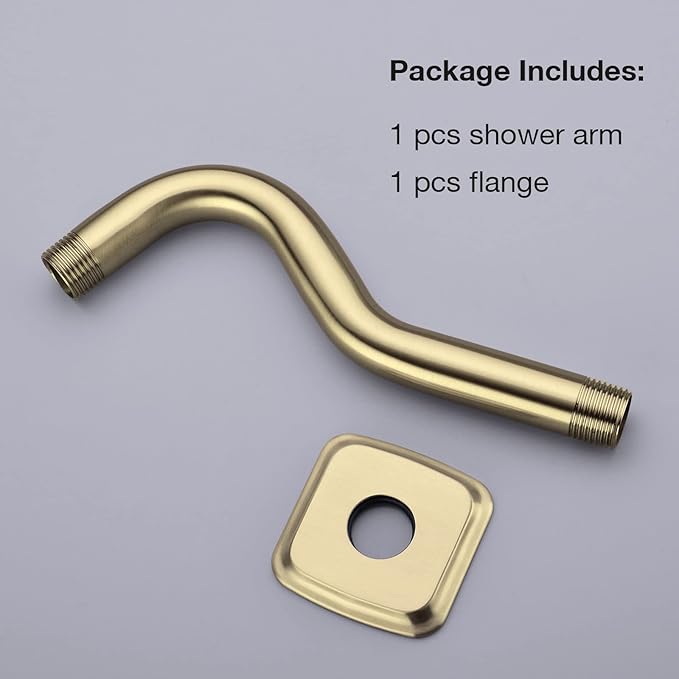 TRUSTMI 8 Inch Angled Shower Arm Extension with Flange, Stainless Steel Curved Shower Head Arm Replacement, Brushed Gold