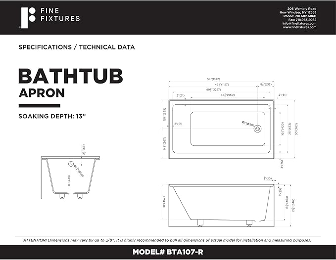 Fine Fixtures Acrylic, Fiberglass Alcove Soaking Bathtub with Integral Apron Front in Glossy Black - Right Hand Drain, 54" x 30"