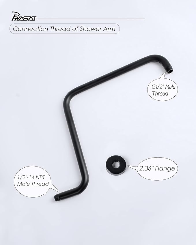 PHASAT 16 Inches Black Shower Head Arm,S Shaped Shower Arm with Flange,High Rise Shower Head Extension Matte Black,PU9H02