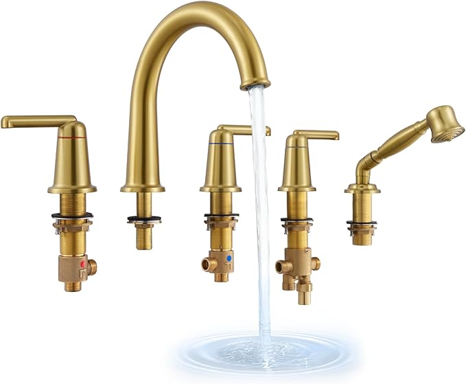 Roman Tub Faucet Set with Hand Shower, KRUZOO Bathtub Faucet Set Trim Kit with Rough-in Valve, Deck Mount Widespread 5 Hole Brass Tub Filler, KZ-9609BG, Brushed Gold