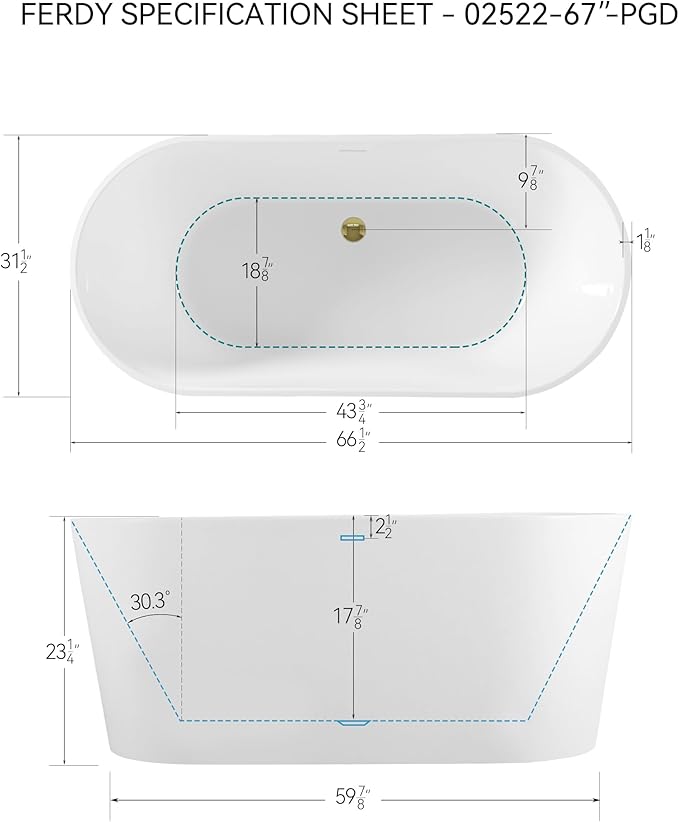 FerdY Shangri-La 67" Acrylic Freestanding Bathtub, Classic Oval Shape Acrylic Soaking Bathtub with Polished Gold Drain & Minimalist Linear Design Overflow, Modern White, cUPC Certified