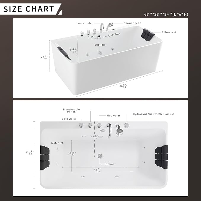 Empava 67 inch Whirlpool Bathtub, Acrylic Freestanding Tub Hydromassage Gracefully Rectangle Shaped Whirlpool 8 Water Jets Soaking SPA, Double-Ended Massage Bathtub with Black Pillows, White