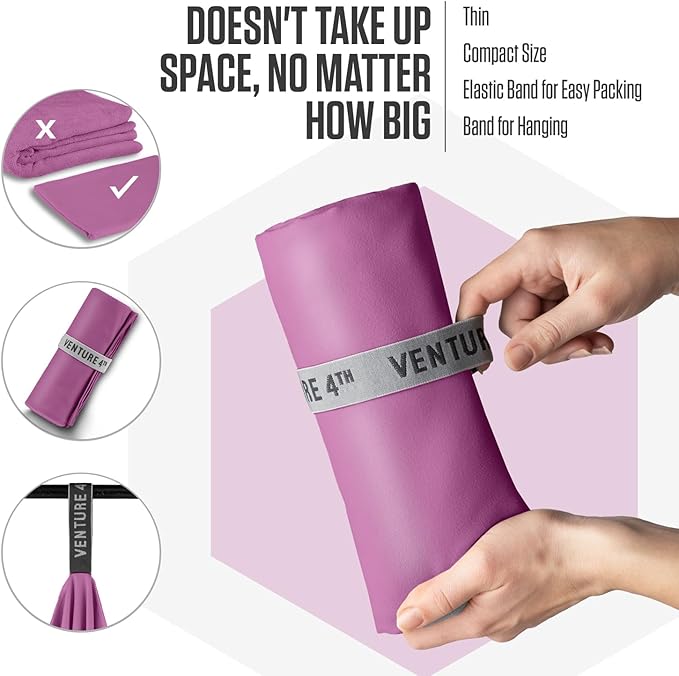 VENTURE 4TH Quick Dry Towel. Microfiber Travel Towel Ideal for Camping, Hiking, Backpacking, Gym. Lightweight & Fast Drying Travel Towels for Body. Compact & Easy to Pack - Purple Medium
